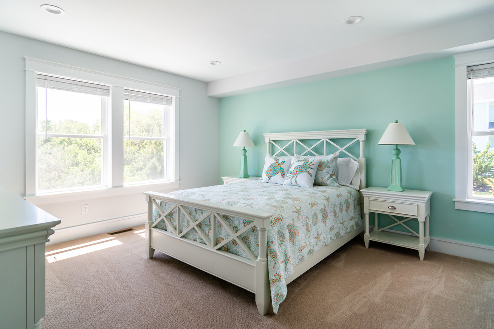Beach style guest carpeted and beige floor bedroom photo in Other with green walls