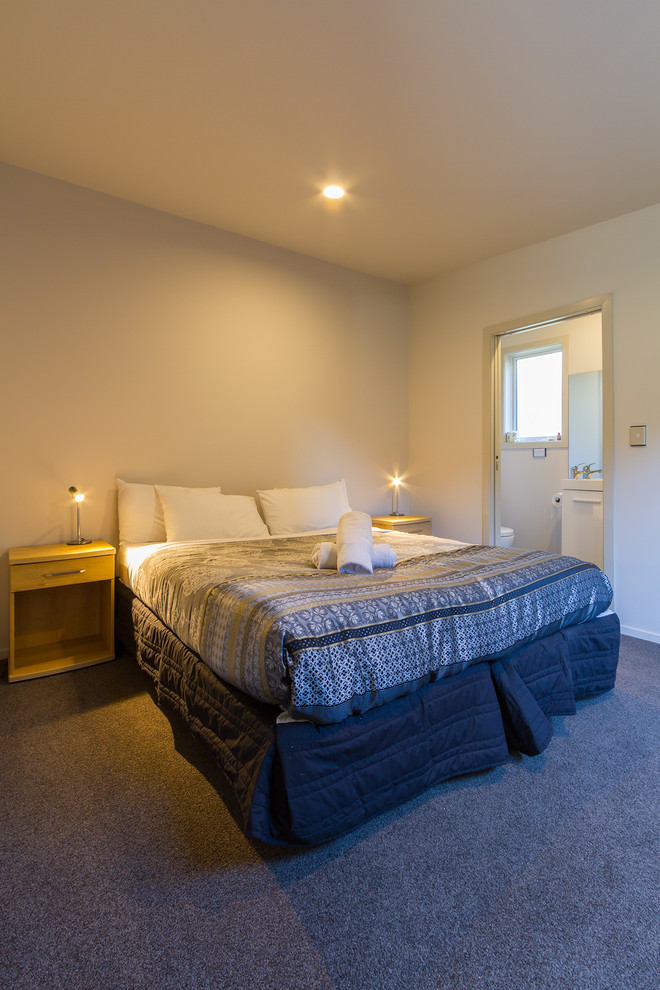 This is an example of a small contemporary guest bedroom in Dunedin with beige walls, carpet and no fireplace.