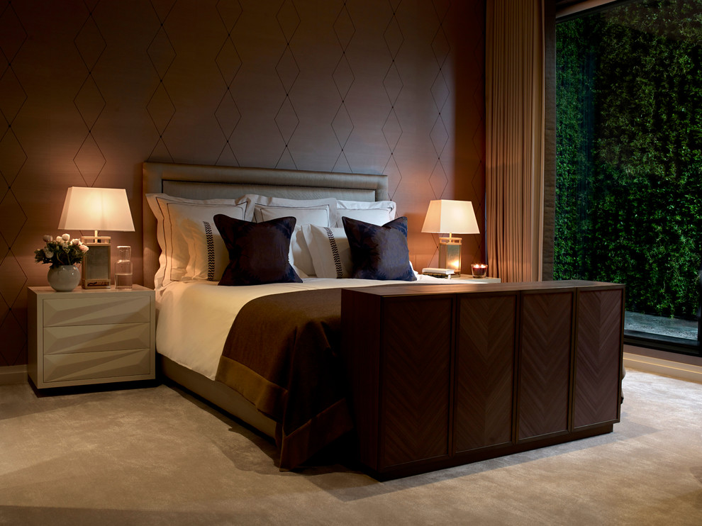 Design ideas for a large contemporary master bedroom in London with grey walls, carpet, no fireplace and brown floors.