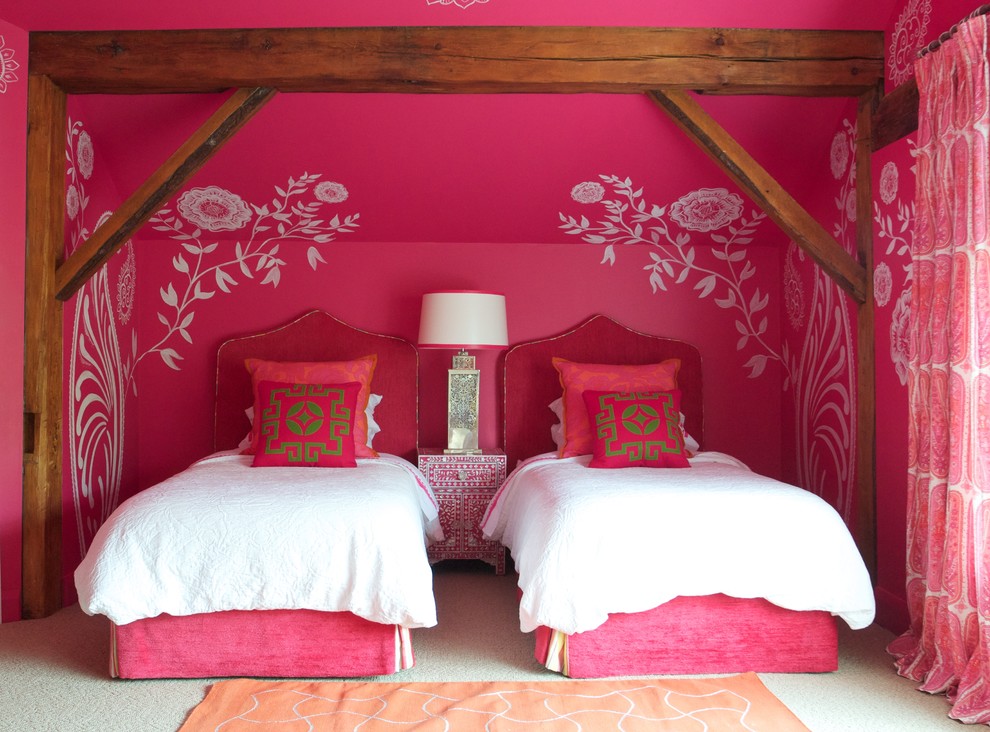 Example of a trendy bedroom design in Toronto with pink walls