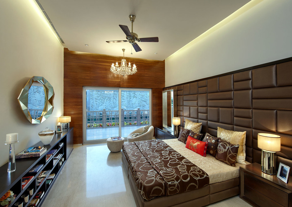 Пример оригинального дизайна: спальня в современном стиле с бетонным полом