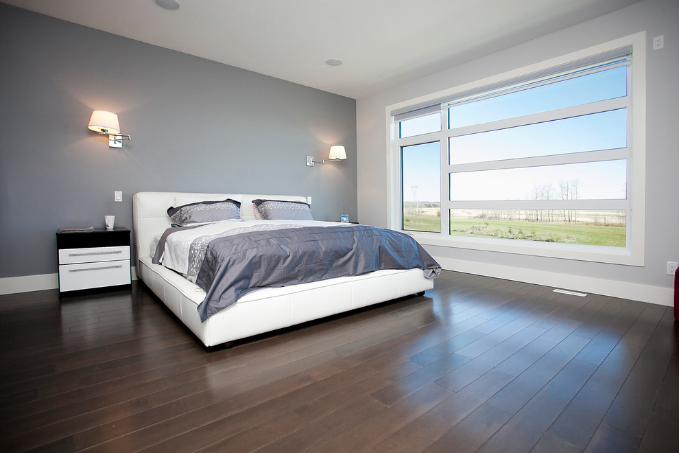 Photo of a large contemporary master bedroom in Calgary with grey walls, dark hardwood flooring, a ribbon fireplace, a tiled fireplace surround and brown floors.