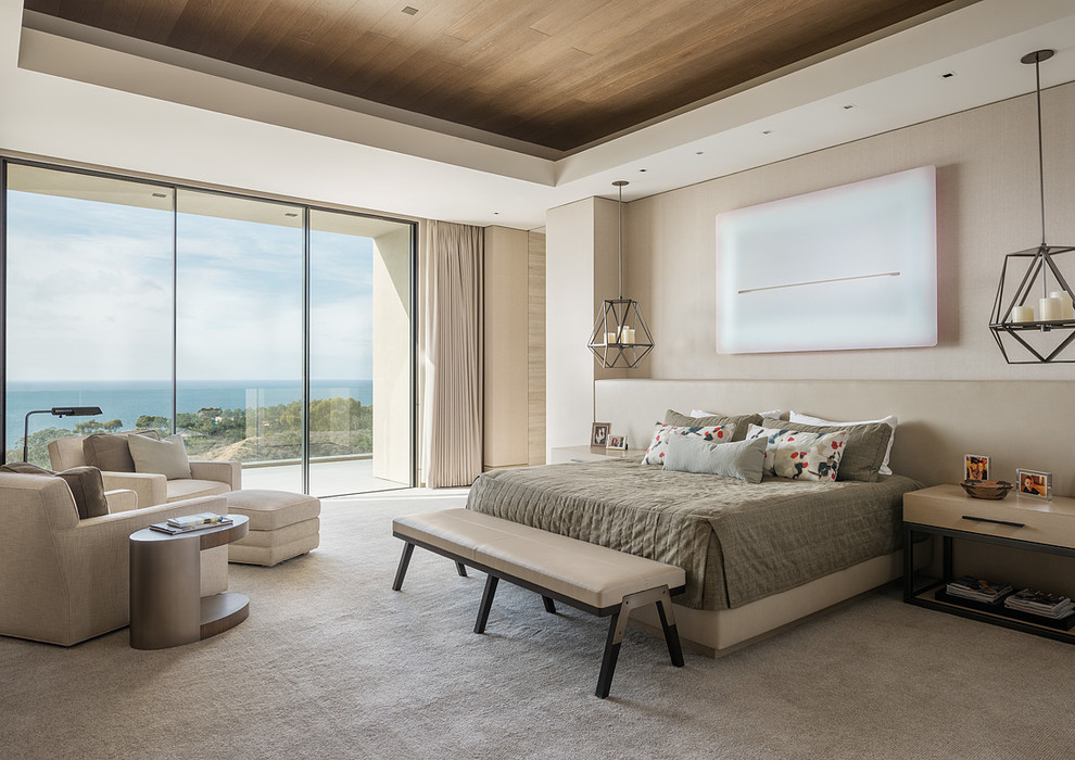 Photo of a contemporary master bedroom in San Diego with beige walls and carpet.