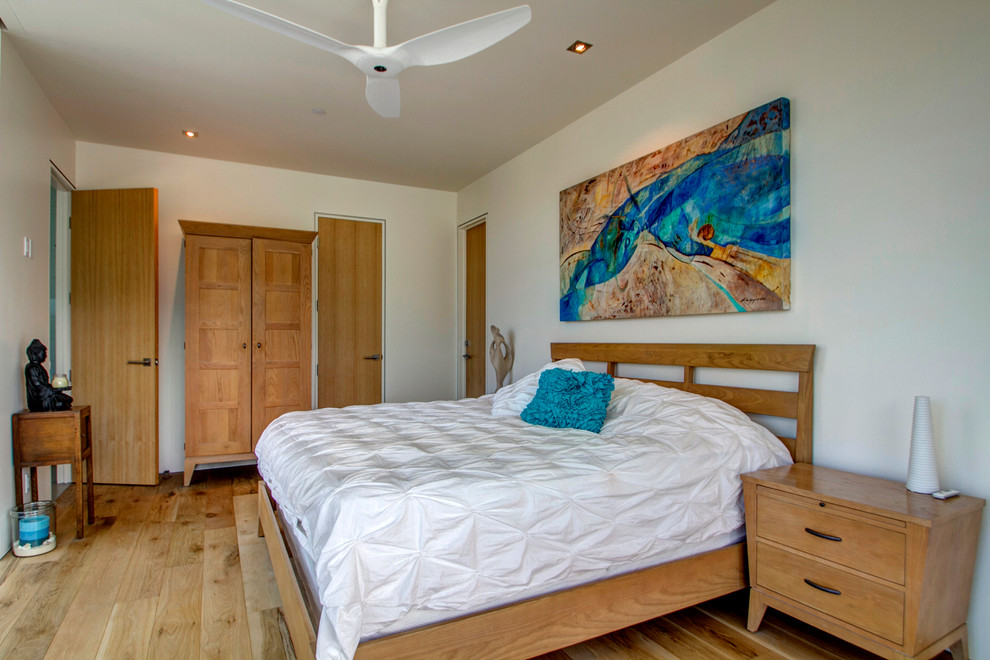 На фото: хозяйская спальня в современном стиле с белыми стенами и светлым паркетным полом без камина с