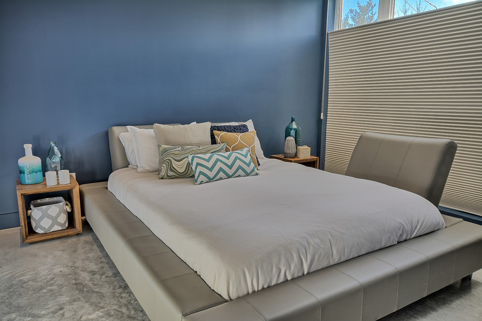 Стильный дизайн: хозяйская спальня среднего размера в современном стиле с синими стенами и бетонным полом без камина - последний тренд