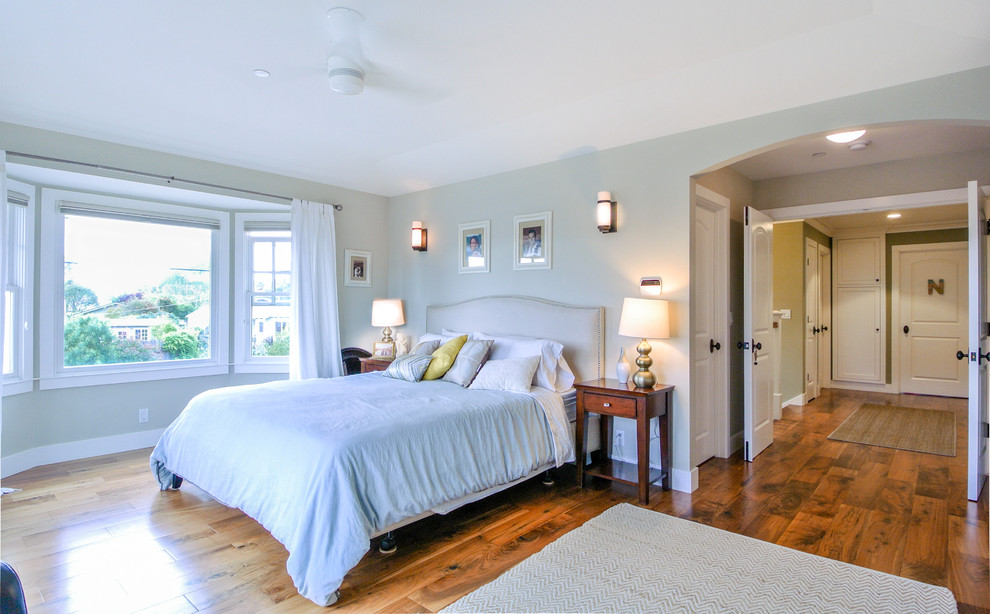 Источник вдохновения для домашнего уюта: хозяйская спальня среднего размера в морском стиле с синими стенами и паркетным полом среднего тона