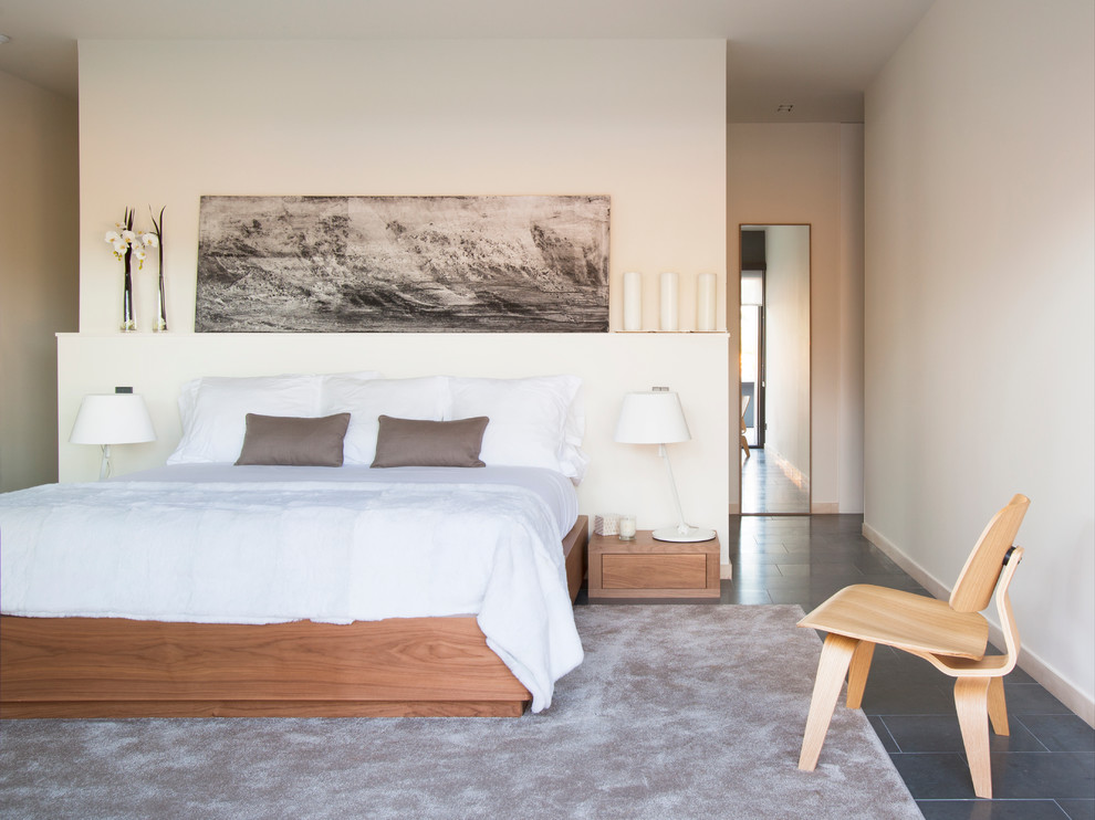Свежая идея для дизайна: хозяйская спальня среднего размера в современном стиле с белыми стенами и полом из сланца без камина - отличное фото интерьера