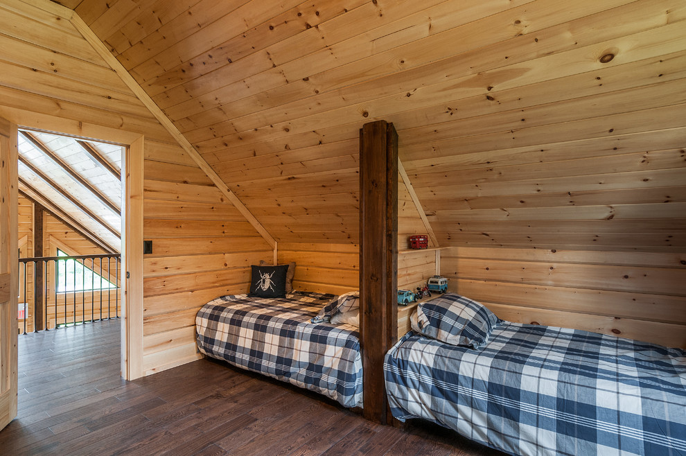 Bedroom - mid-sized rustic loft-style medium tone wood floor bedroom idea in Charlotte with brown walls
