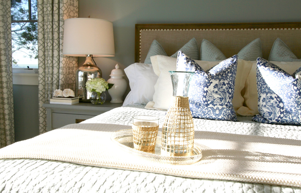 Photo of a nautical grey and cream bedroom in Orange County.