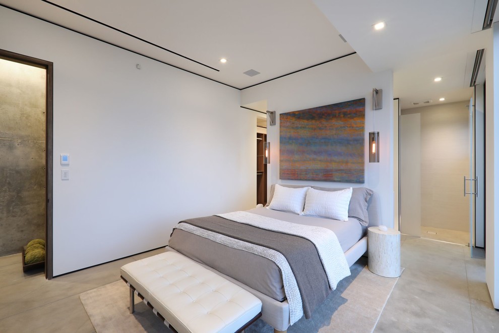Imagen de dormitorio principal actual de tamaño medio sin chimenea con paredes blancas, suelo de cemento y suelo gris