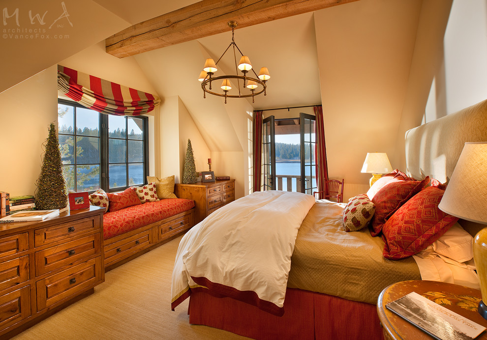 Photo of a large rustic guest bedroom in Other with beige walls, carpet and beige floors.