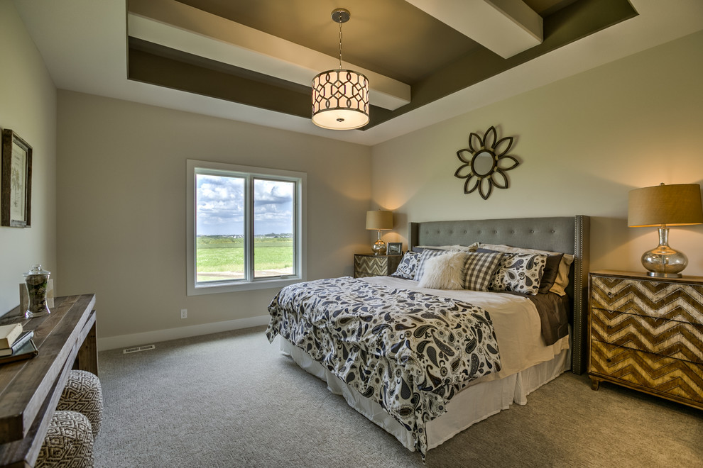 This is an example of a traditional master bedroom in Omaha with carpet.