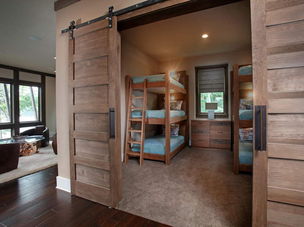 Inspiration for a medium sized rustic guest bedroom in Atlanta with white walls and carpet.