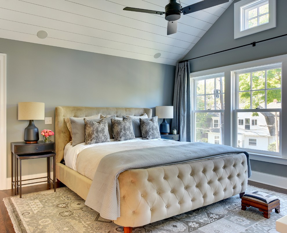 Bedroom - large coastal master dark wood floor and brown floor bedroom idea in Phoenix with gray walls and no fireplace