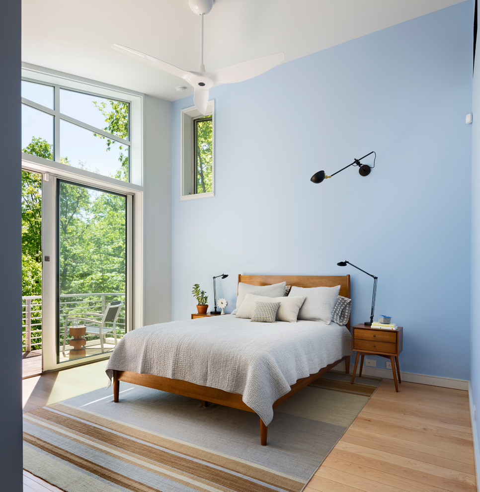 Idées déco pour une chambre classique de taille moyenne avec un mur bleu et parquet clair.