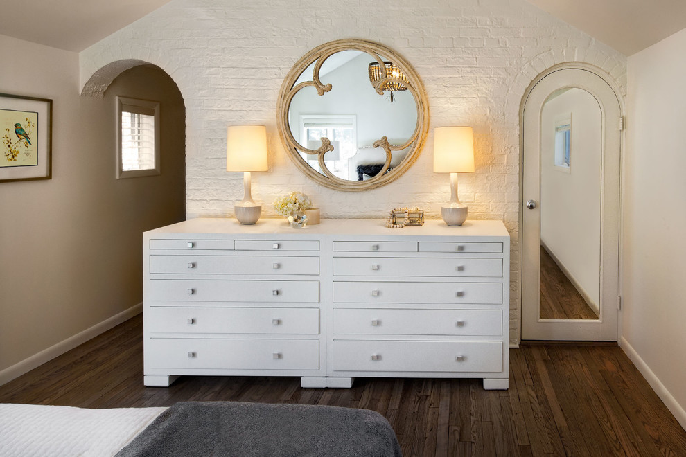 Inspiration for a transitional dark wood floor bedroom remodel in Chicago with white walls