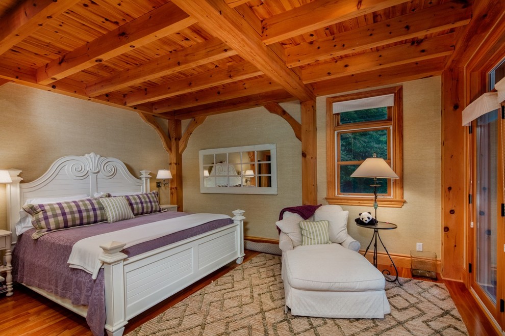 Photo of a medium sized rustic guest bedroom in Toronto with beige walls, medium hardwood flooring and brown floors.