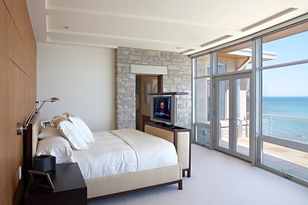 Inspiration for a modern carpeted bedroom remodel in Milwaukee with beige walls