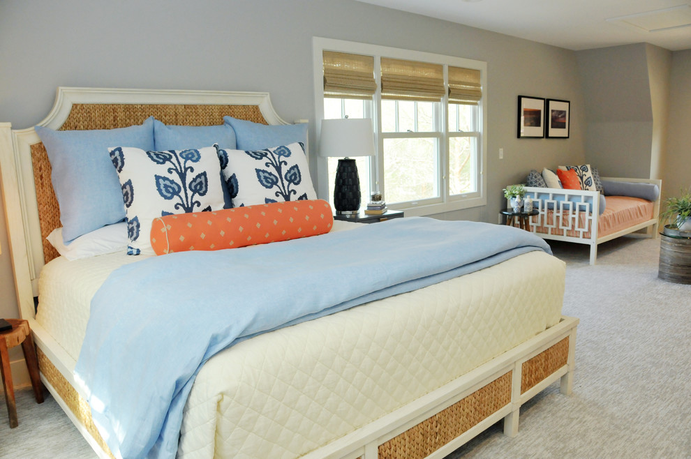 Design ideas for a medium sized nautical bedroom in Grand Rapids with grey walls, carpet, no fireplace and grey floors.