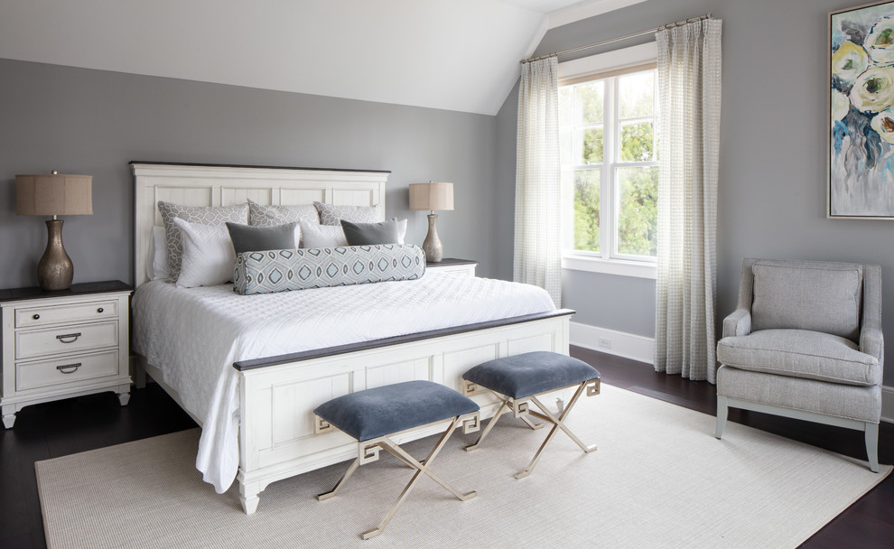 Inspiration for a nautical grey and brown and grey and silver bedroom in Charlotte with grey walls, dark hardwood flooring and brown floors.
