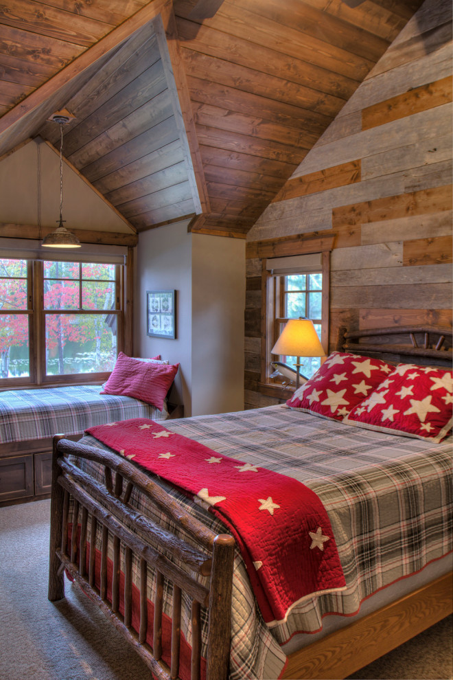 Photo of a medium sized rustic guest bedroom in Minneapolis with carpet, beige floors, a wood ceiling and wood walls.