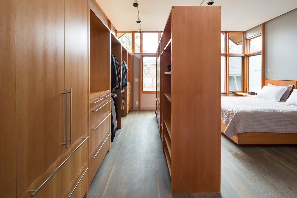 Diseño de dormitorio principal moderno de tamaño medio sin chimenea con paredes grises y suelo de madera clara