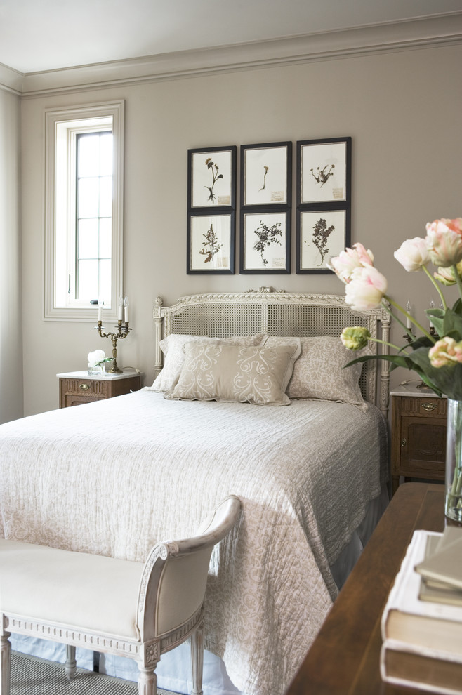 Example of a mid-sized classic guest dark wood floor bedroom design in Other with gray walls