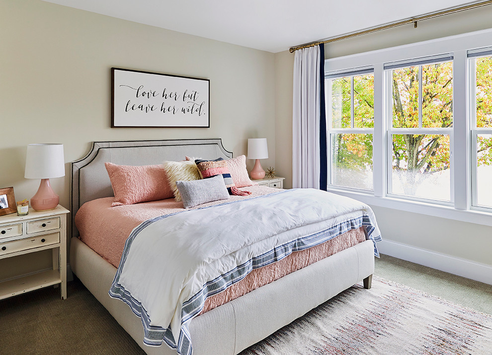 Nautical grey and pink bedroom in Raleigh with beige walls, ceramic flooring, no fireplace and grey floors.