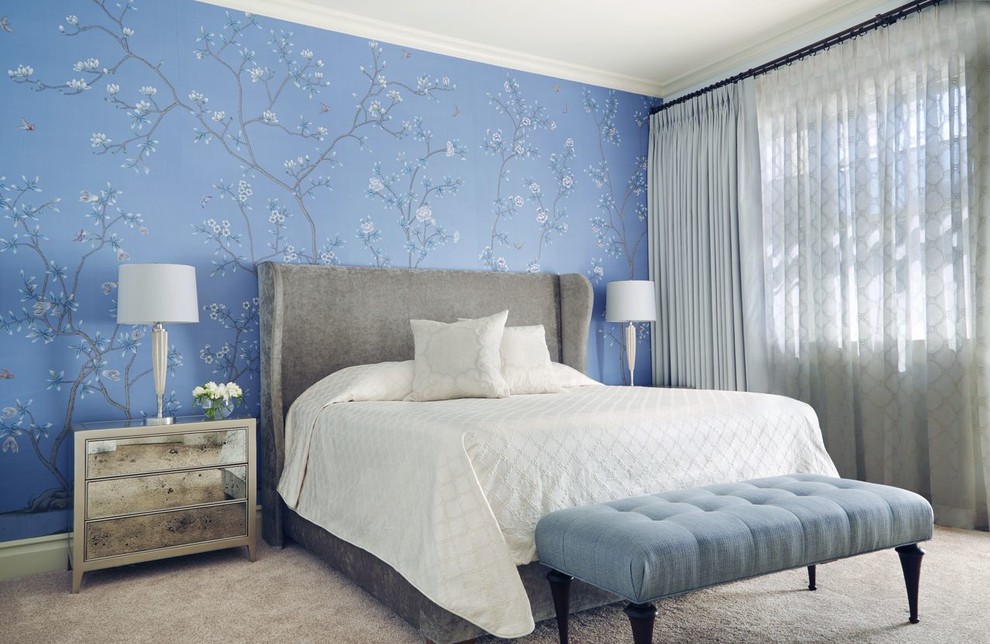 Bedroom - large transitional guest carpeted and gray floor bedroom idea in Los Angeles with multicolored walls and no fireplace