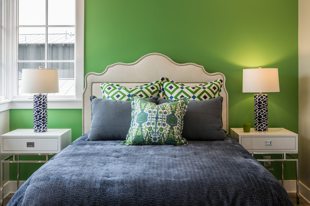 Inspiration for a medium sized classic guest bedroom in Austin with green walls, carpet and multi-coloured floors.