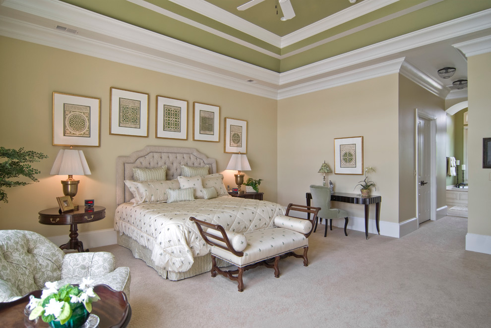 Photo of a classic bedroom in New York with beige walls and carpet.