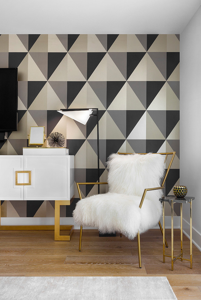 Example of a large transitional master light wood floor and beige floor bedroom design in Los Angeles with multicolored walls