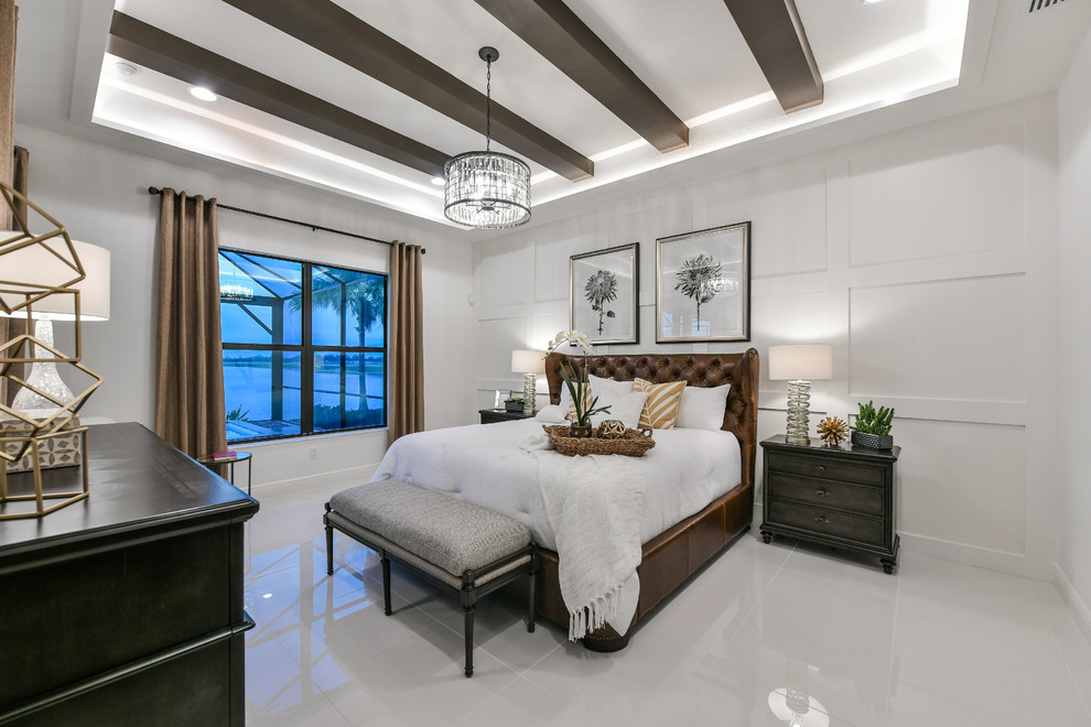 Inspiration for a large modern master bedroom in Other with white walls and white floors.