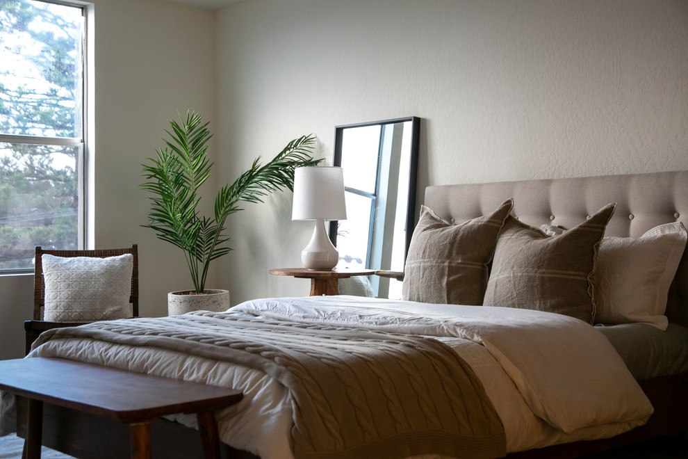 Foto de dormitorio principal actual pequeño con paredes blancas, moqueta y suelo gris