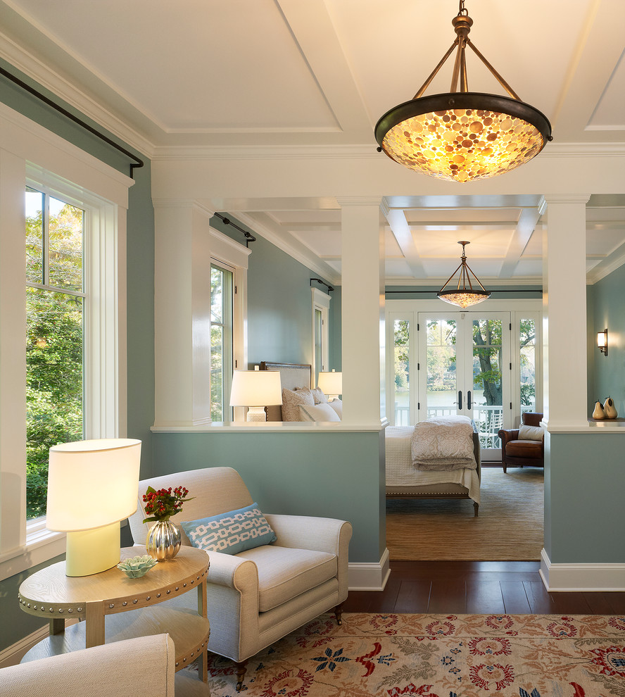 Bedroom - coastal dark wood floor bedroom idea in DC Metro with blue walls