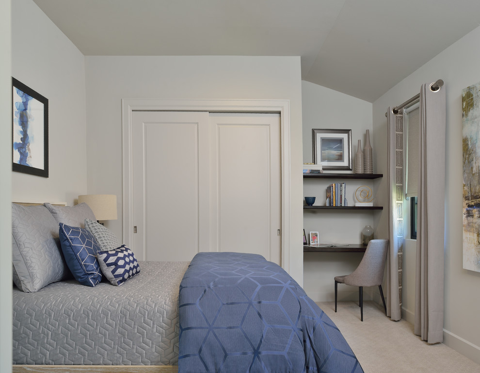 Ejemplo de habitación de invitados contemporánea de tamaño medio sin chimenea con paredes blancas, moqueta y suelo beige