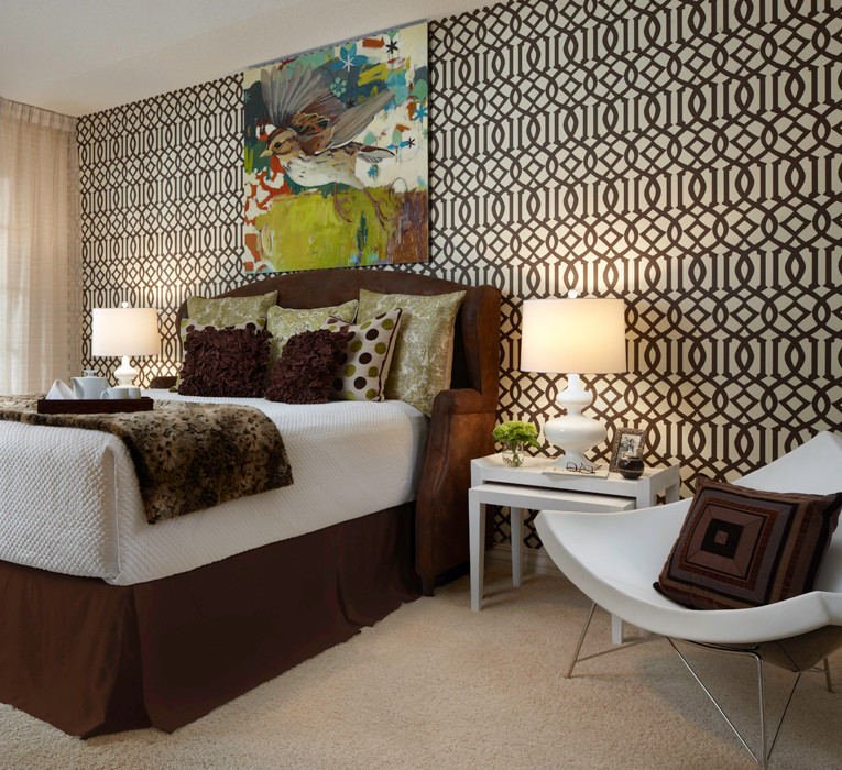 Inspiration for a large contemporary master bedroom in Other with brown walls and carpet.