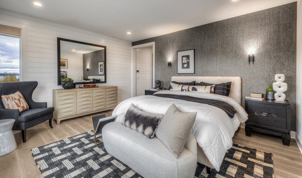 Bedroom - large transitional master beige floor, shiplap wall and wallpaper bedroom idea in Seattle with white walls