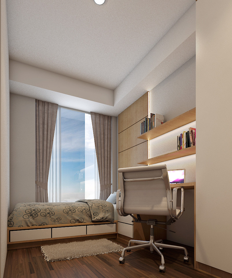 Kleines Modernes Hauptschlafzimmer mit brauner Wandfarbe, Laminat, Hängekamin, Kaminumrandung aus Backstein und braunem Boden in Sonstige