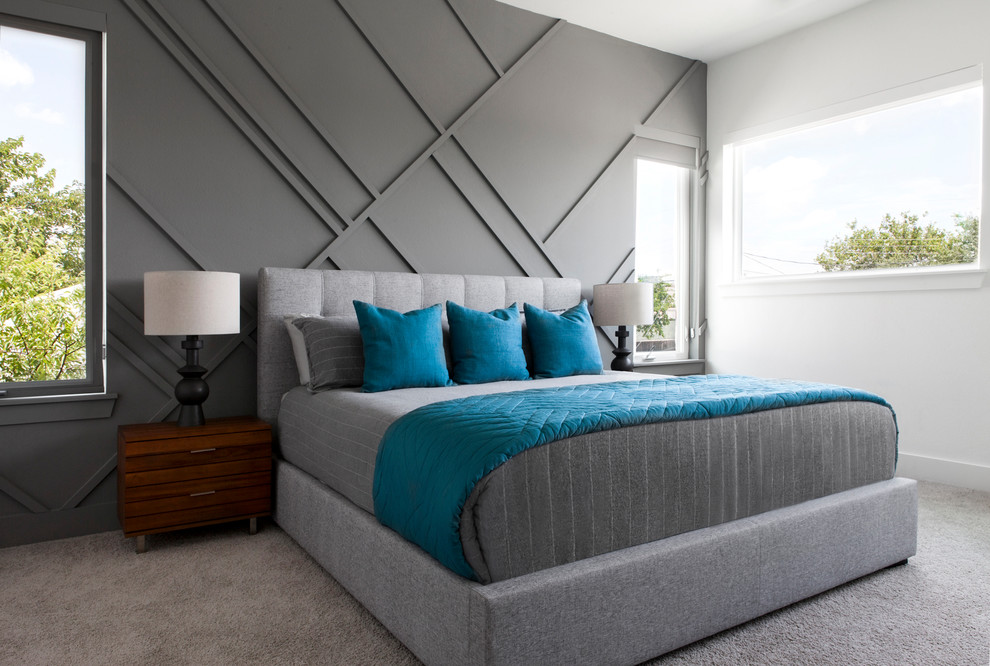 Mittelgroßes Modernes Hauptschlafzimmer ohne Kamin mit grauer Wandfarbe, Teppichboden und grauem Boden in Dallas