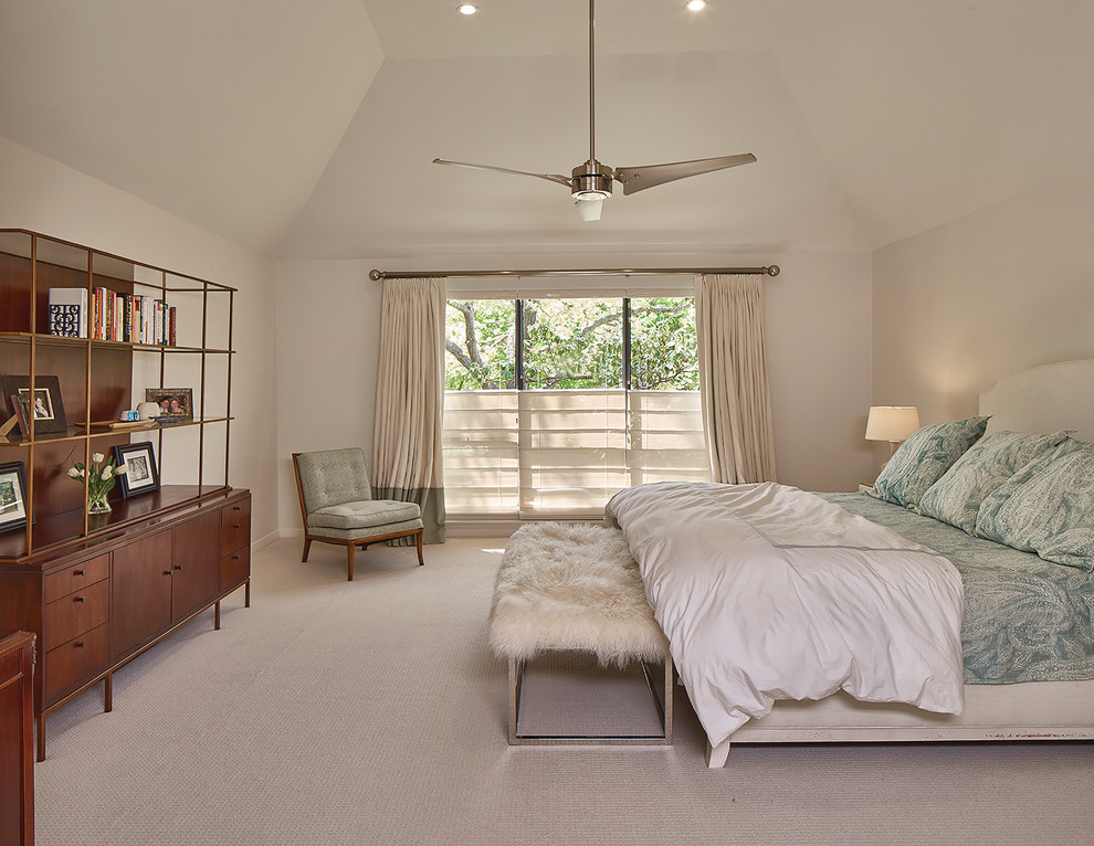 Inspiration for a mid-sized modern master carpeted and beige floor bedroom remodel with white walls
