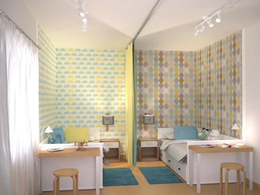 Стильный дизайн: маленькая гостевая спальня (комната для гостей) в стиле фьюжн с разноцветными стенами, полом из ламината и коричневым полом для на участке и в саду - последний тренд