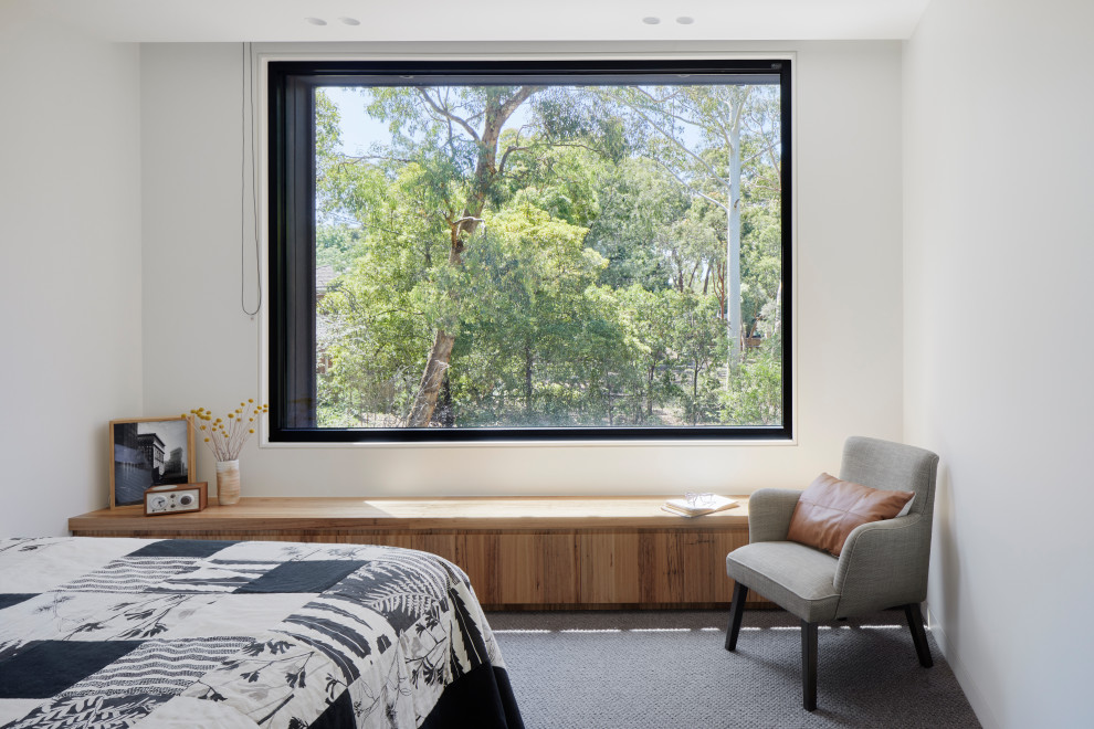 Design ideas for a medium sized contemporary master bedroom in Melbourne with white walls, carpet and grey floors.