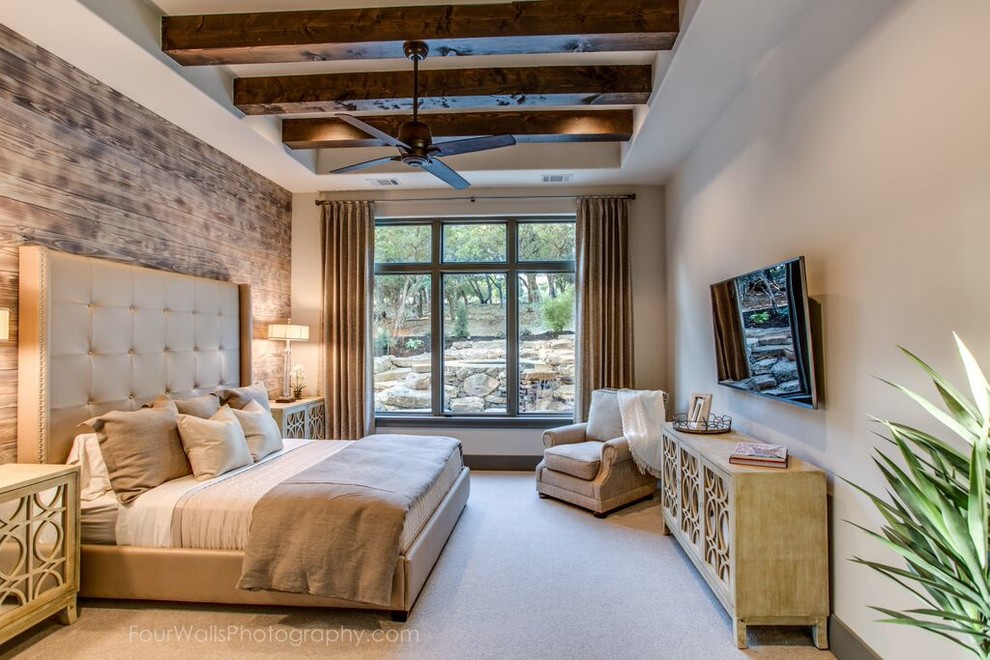 Inspiration for a medium sized rustic master bedroom in Austin with beige walls, carpet and no fireplace.