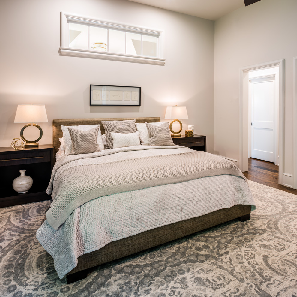 Inspiration for a contemporary master and grey and brown bedroom in Philadelphia with white walls and medium hardwood flooring.