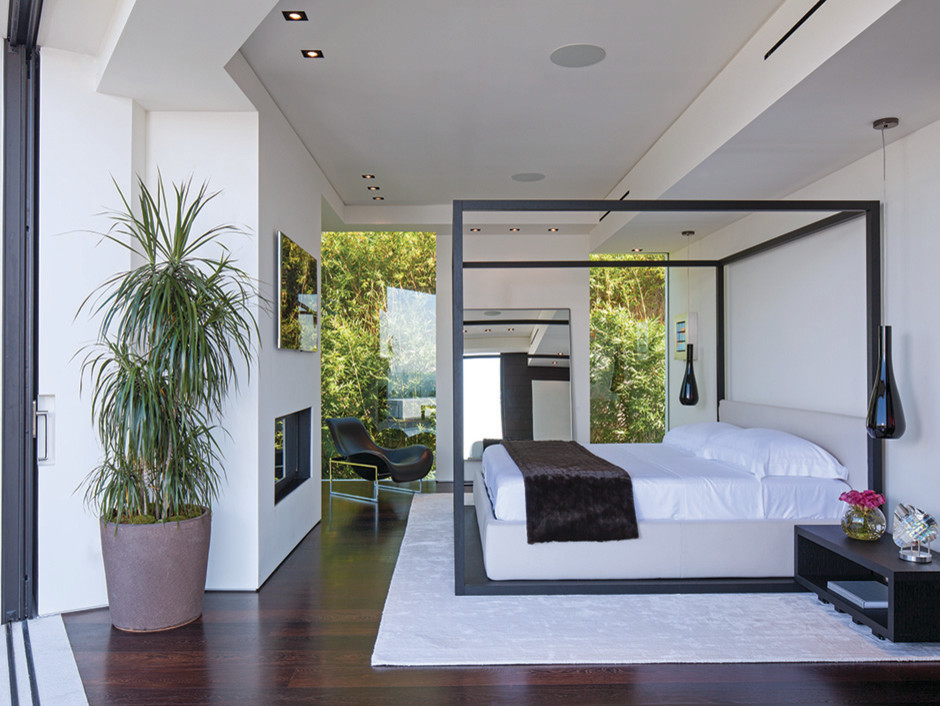 Esempio di una camera da letto design con pareti bianche, parquet scuro e camino classico