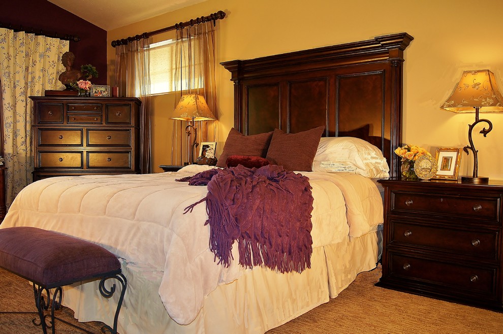 Example of a mid-sized classic master carpeted and beige floor bedroom design in Salt Lake City with multicolored walls