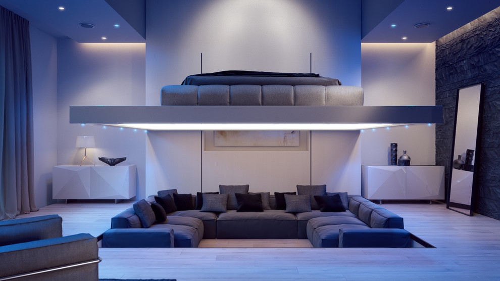 Источник вдохновения для домашнего уюта: гостевая спальня (комната для гостей) в стиле модернизм с светлым паркетным полом