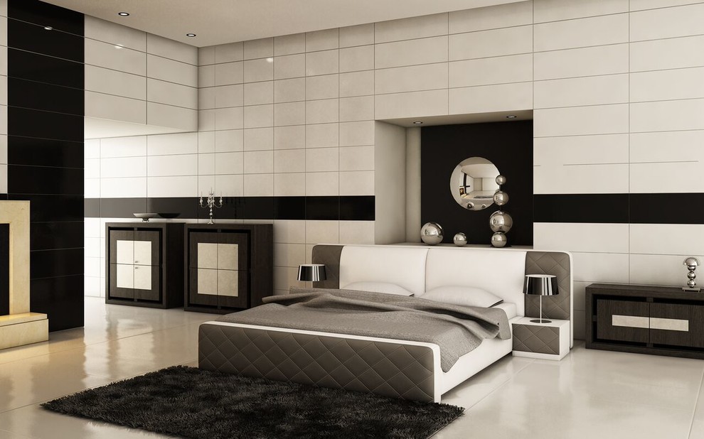 Cette photo montre une grande chambre parentale moderne avec un mur blanc, une cheminée standard, un manteau de cheminée en métal, sol en béton ciré et un sol gris.