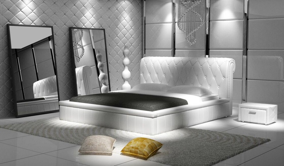 Imagen de dormitorio principal moderno de tamaño medio sin chimenea con paredes blancas, suelo de baldosas de porcelana y suelo turquesa